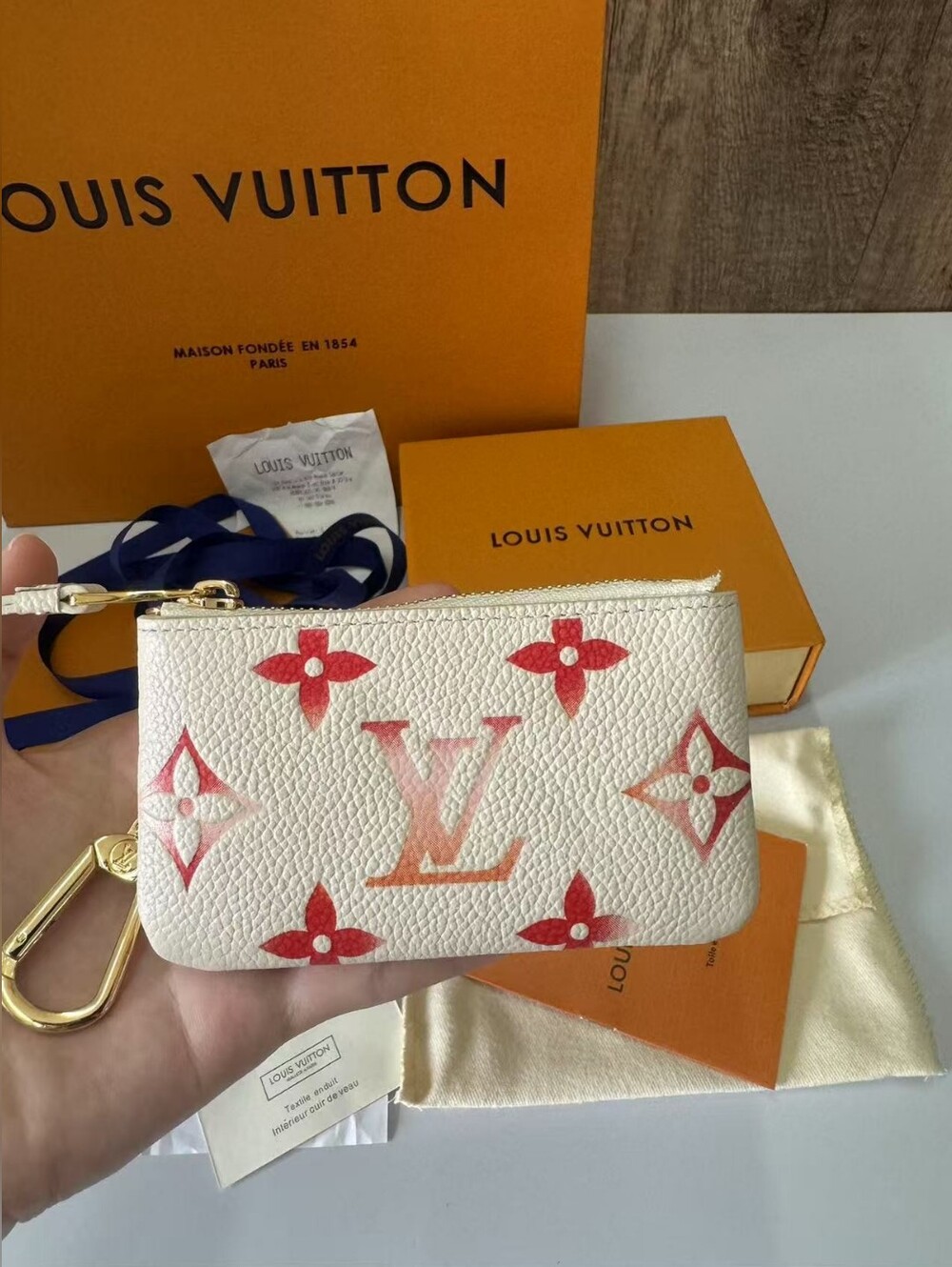 Louis Vuitton White & Pink Monogram Key Pouch with Gold Hardware